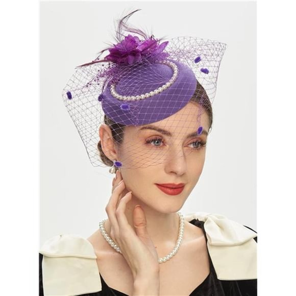 PILLBOX Hats 20s 50s Vintage Fascinators for Women E1-purple - Picture 6 of 7